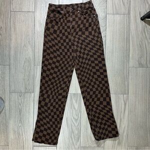 H&M DIVIDED Brown Checkered 90s Style High Waist Wide Leg Split Bottom Jeans 4